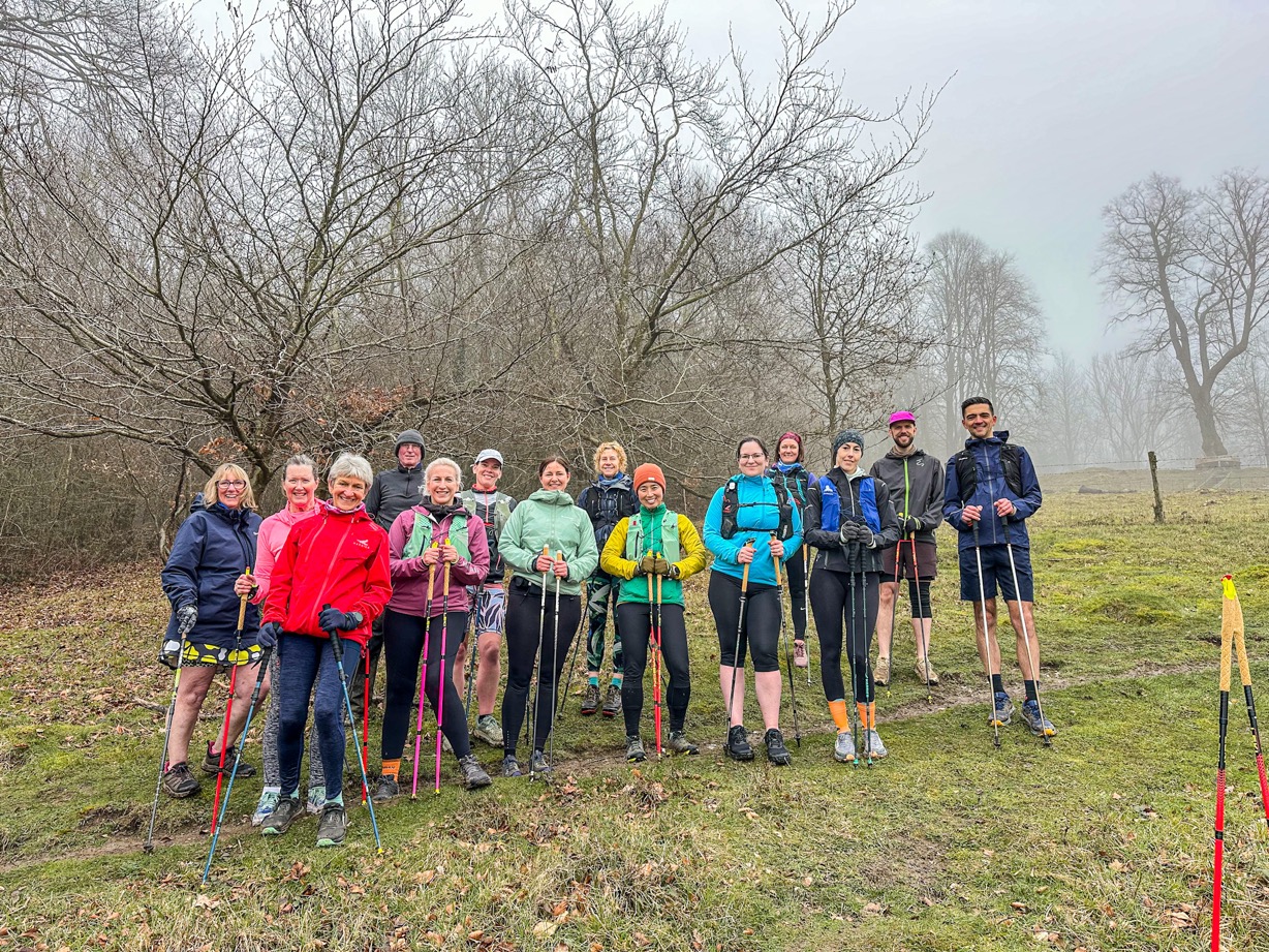 pole workshop Group of trail runners completing the Run the Wild trail running pole workshop in Tring